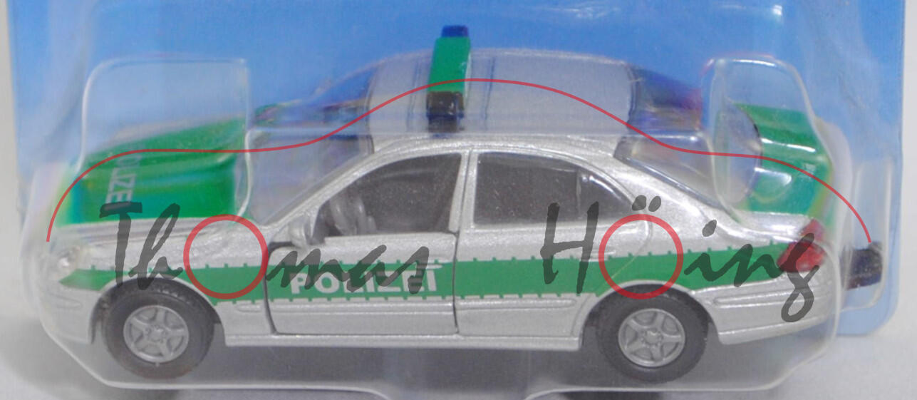 00002 Mercedes-Benz E 500 (W 211, Mod. 02-06) Polizei-Einsatzfahrzeug, silbergraumet., POLIZEI, mit Prägung der 3. Bremsleuchte, B13, SIKU, 1:55, P28b