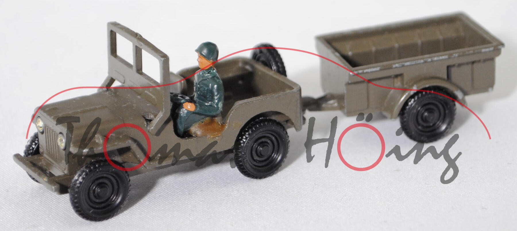 00001 Willys Jeep M38 (MC, Modell 1949-1953) mit Jeep 1/4-to Zweirad-Anhänger Modell T3 (Modell 1942-1945), olivgrün, RV 92, SIKU-SUPER-ZINKGUSS 1:60 (V-SERIE), m-