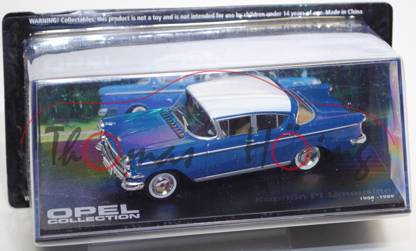 Opel Kapitän P1 (P 2,5) Limousine, Modell 1958-1959, dunkel-capriblau/reinweiß, EAGLEMOSS INTERNATIO