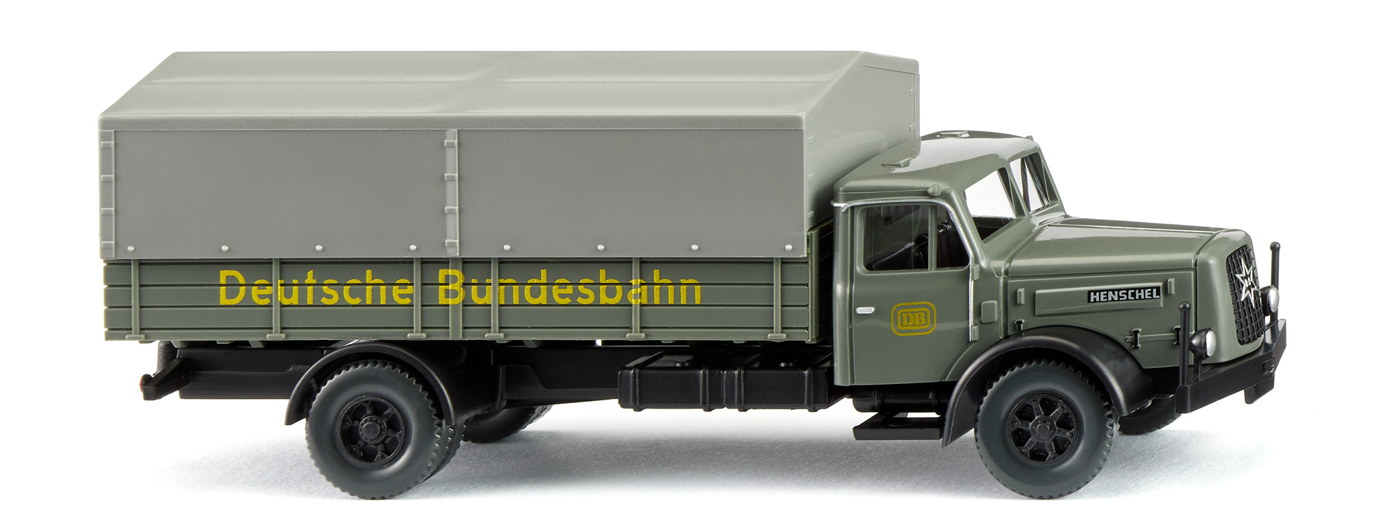 HENSCHEL HS 140 4x2 (2. Generation, Modell 1955-1961) Pritschen-LKW, Fahrerhaus und Motorhaube zeltgrau, DB-Logo / Deutsche Bundesbahn, Wiking, 1:87, mb