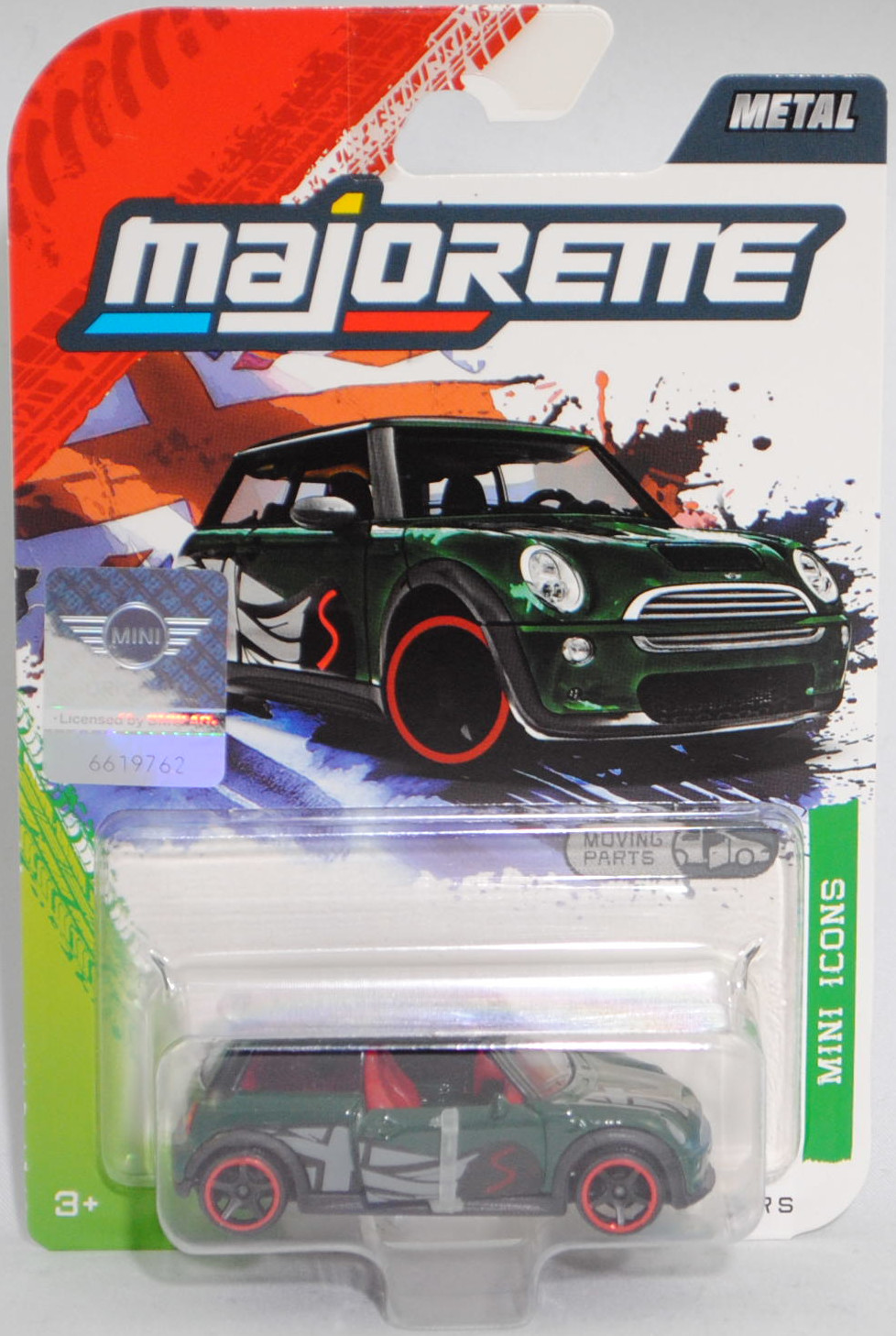 MINI Cooper S (R53, Vorfacelift, Modell 2002-2004) (Nr. 265D), Karosserie moosgrün, Dach mattschwarz, Union Jack, majorette, 1:55, Blister (MINI ICONS PREMIUM CARS)