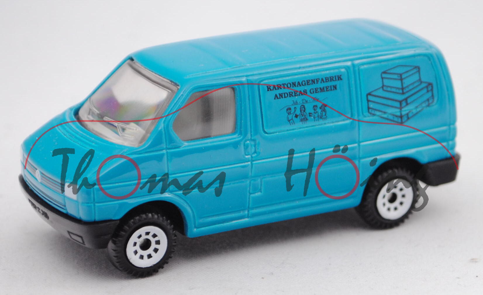 VW T4 Transporter Kastenwagen (Typ 70, Modell 1990-1995), türkisblau, Kartonagenfabrik / Andreas Gem