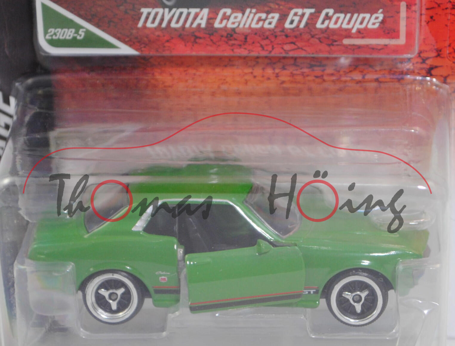 Toyota Celica Coupé 2000 GT (1. Gen., Typ TA23, Mod. 1976-1977), grasgrün, majorette, 1:56, Blister