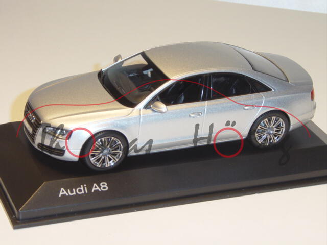 Audi A8, Mj. 10, eissilber, Kyosho, 1:43, Werbeschachtel