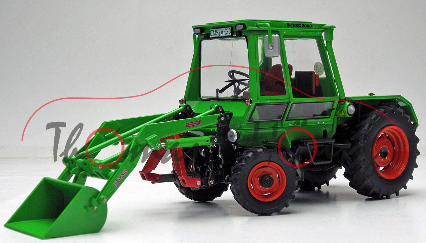 DEUTZ D INTRAC 2003 A (Mod. 1974-1978) mit Baas Frontlader und Schaufel, grün, weise-toys, 1:32, mb