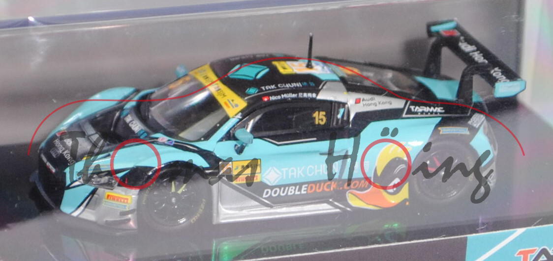 Audi R8 LMS (Typ R16), schwarz/türkisblau, FIA GT World Cup Macau 2016, Nr. 15, TARMAC WORKS, 1:64