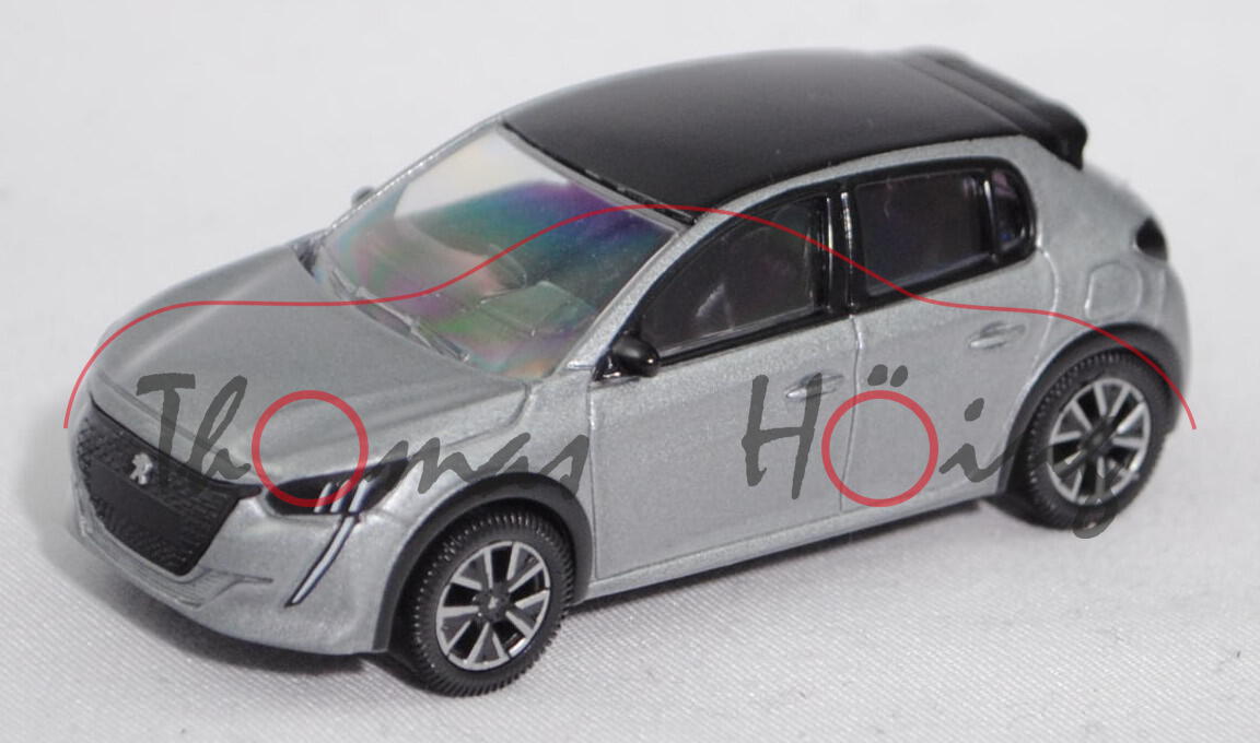 Peugeot 208 II (2. Gen., Mod. 2019-), met. artense silber, Dach perla nera schwarz, Norev, 1:64, mb