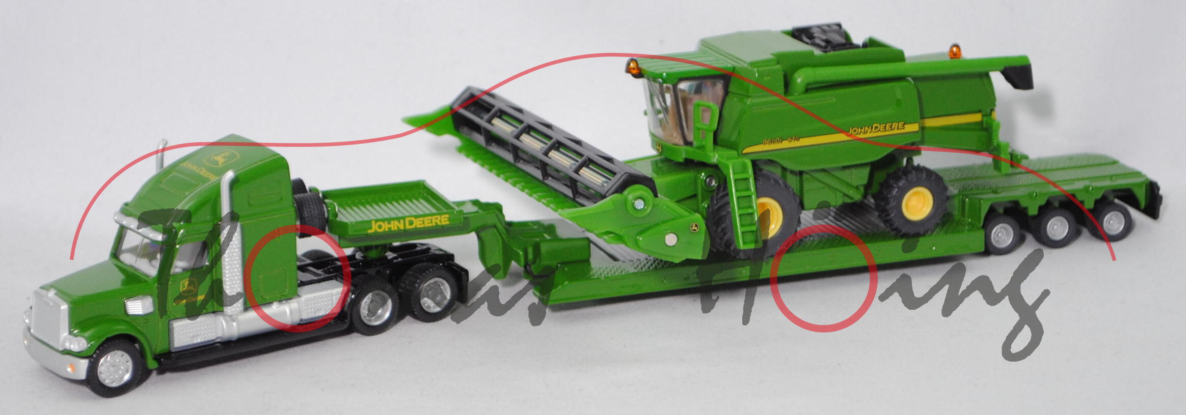 00000 FREIGHTLINER CORONADO mit John Deere 9680i WTS Mähdrescher, smaragdgrün, 1:87, L17mK