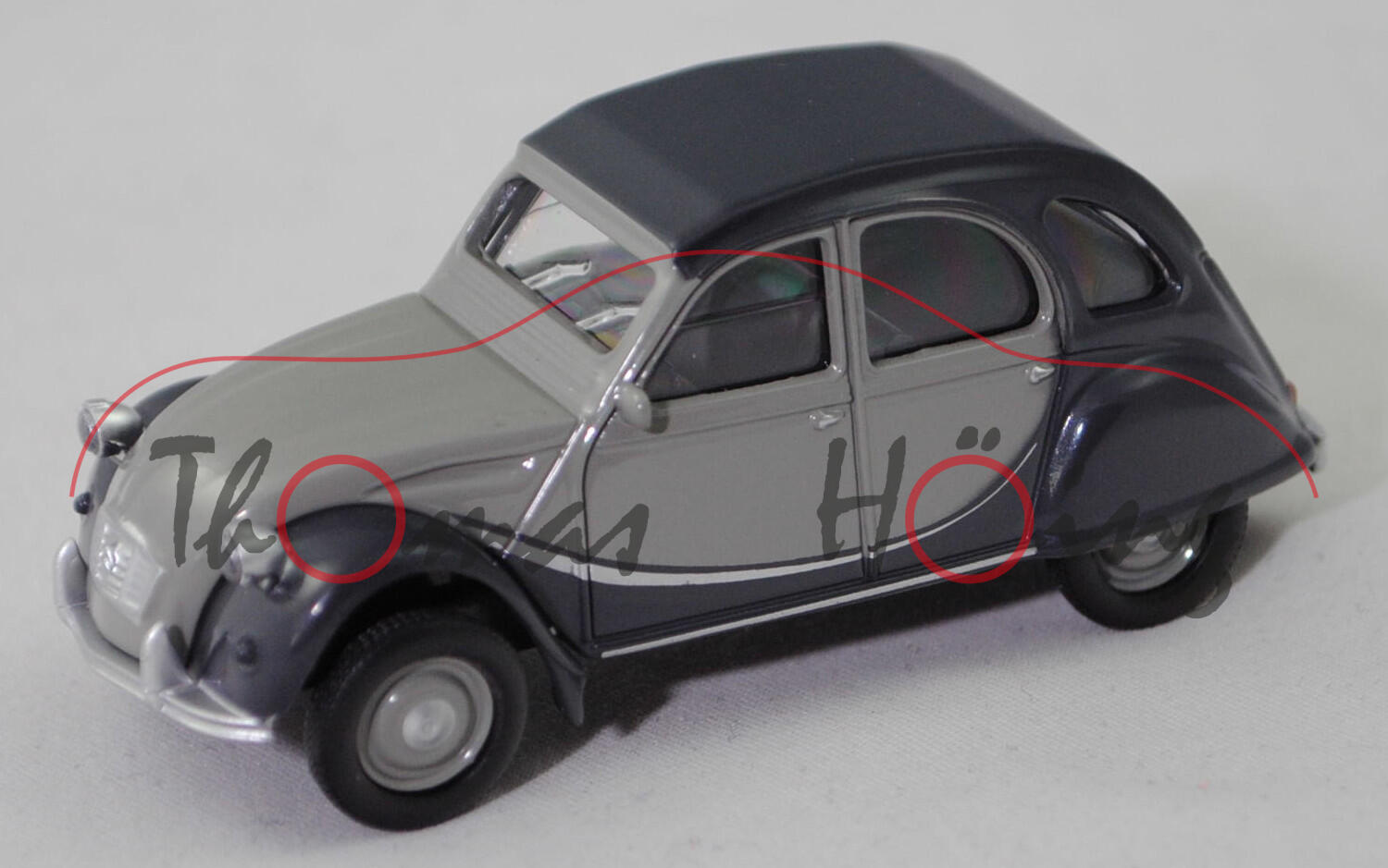 Citroen 2CV6 Charleston (AZKA, Modell 1980-1990, Baujahr 1987), gris cormoran (Farbcode AC 057) / gris nocturne (Farbcode AC 099), Norev, 1:54, Werbebox