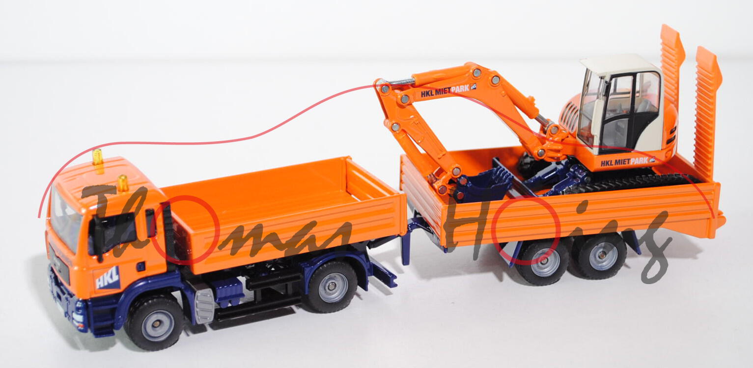 MAN TGA LKW mit Raupenbagger, hellrotorange/saphirblau, vorne LKW und seitlich auf Bagger HKL MIETPA