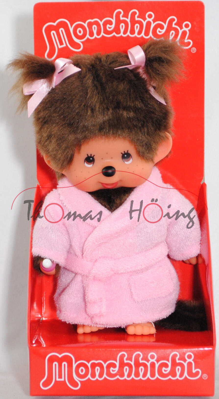 Monchhichi Pink Bathrobe Girl (Mädchen mit Bademantel in pink), 20 cm groß, Sekiguchi (EAN 4905610203802)