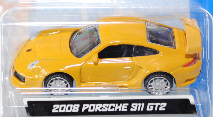 Porsche 911 GT2 (Typ 997, Modell 2007-2010), goldgelb, innen schwarz, Bburago, 1:64 (Größe vgl. Siku