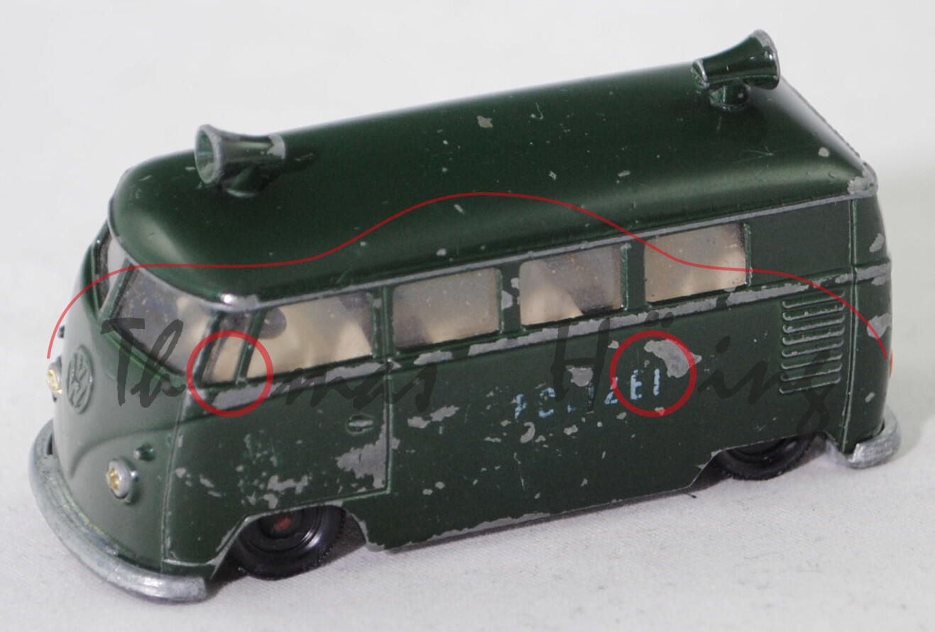 00011 VW Transporter Kombi 1200 (Typ 2 T1, Modell 1961-1962) Polizei-Lautsprecherwagen, grün, innen weiß, Lenkrad schwarz, Vollnieten, R2, SIKU, 1:61, sc