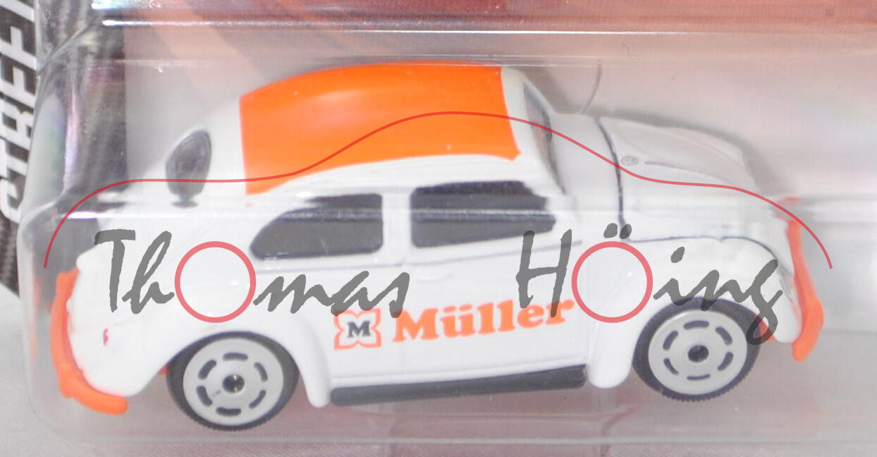 VW Beetle / Käfer Standardlimousine (Mod. 1953-1957), weiß/orange, Müller, majorette, 1:64, Blister