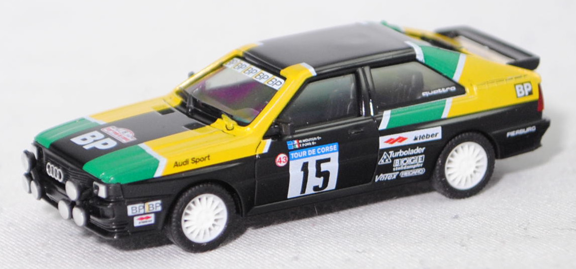 Audi quattro (B2, Typ 85Q, VFL, Mod. 80-82) Rallye, schwarz, 25. Tour de Corse (Korsika) 1981, Michèle Mouton / Fabrizia Pons, Team Audi Sport, Nr. 15, IN-NR 87, Herpa, 1:87, PC-Box