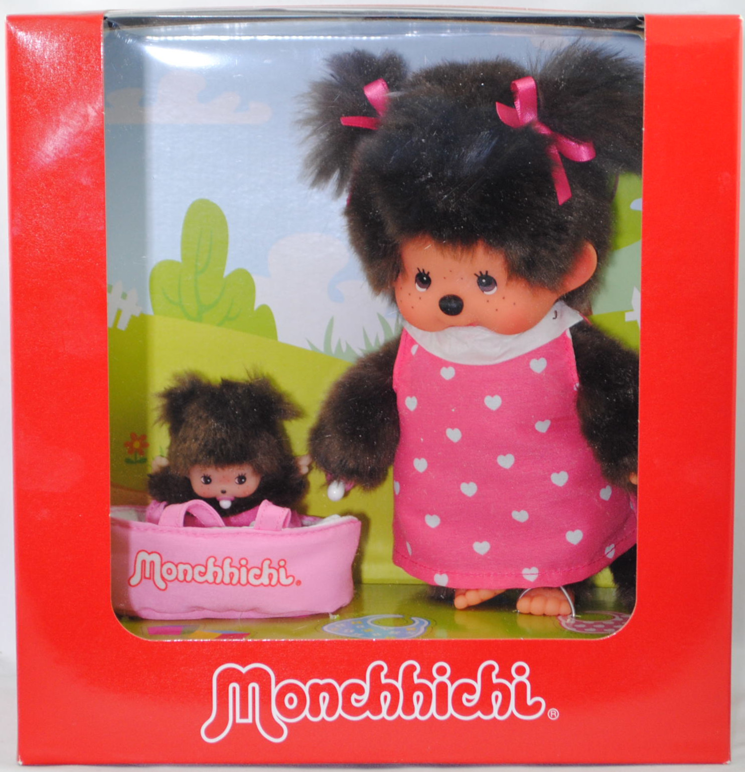 Monchhichi Girl With Mini Bebichhichi and COT (Monchhichi Mädchen mit Bebichhichi im Kinderbett), 20 cm groß, Sekiguchi (EAN 4905610204076)