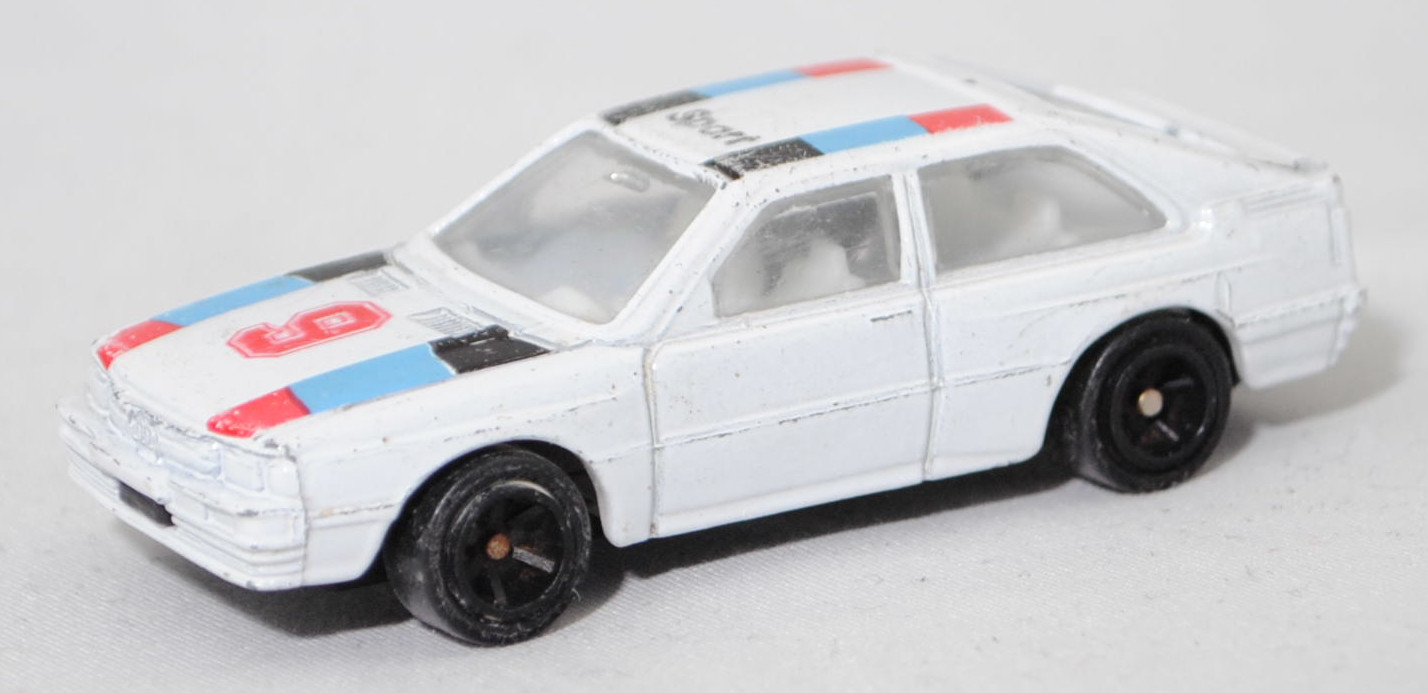 Audi quattro (1. Generation, B2, Typ 85Q, VFL (Vorfacelift), Modell 1980-1982), alpinweiß (L90E), Streifen in rot/blau/schwarz und 9 / Sport , Elite für Kaufhof AG Köln, 1:61, m-