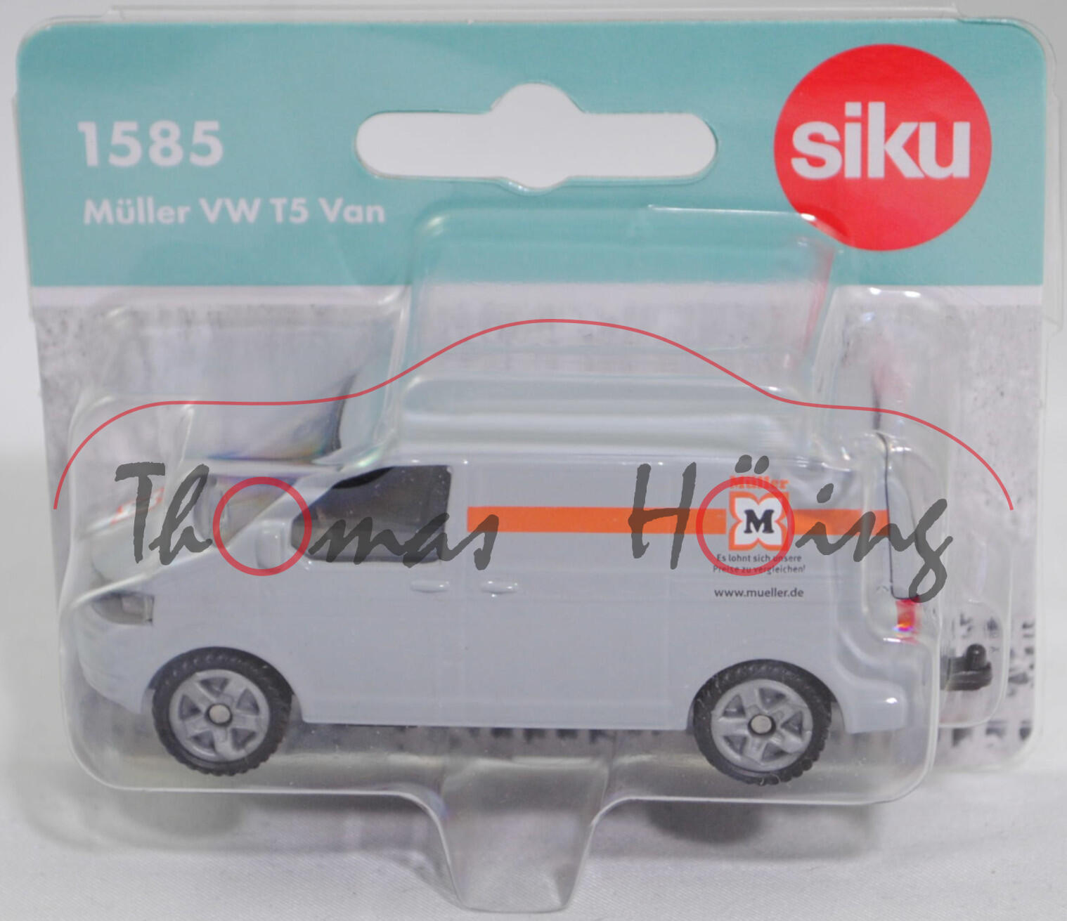00400 VW T5 GP Transporter Kastenwagen 2.0 TDI (Typ 7E, GP 2009, Modell 2009-2015), silbergrau, Müller, SIKU SUPER, 1:61, P29f Werbeschachtel