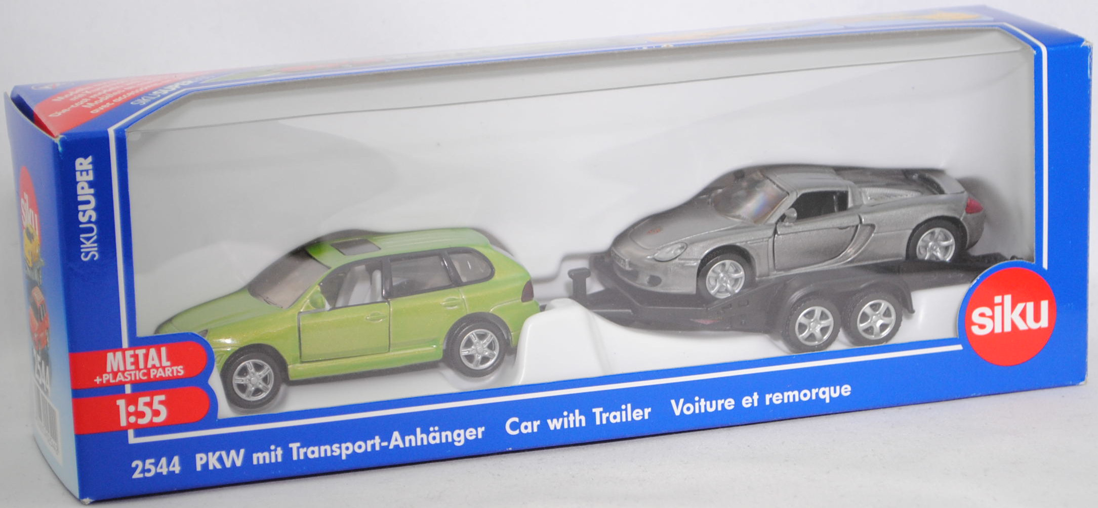 00002 Porsche Cayenne Turbo mit BÖCKMANN Autotransporter und Porsche Carrera GT, hell-gelbgrünmetallic + mattschwarz + hell-staubgraumetallic, SIKU, 1:55, L17mpK