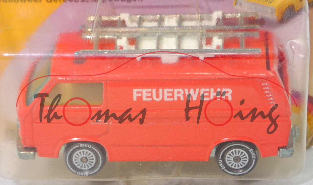 00005 VW Transporter Kastenwagen 2,0 Liter (T3, Mod. 79-82) Feuerwehr-Gerätewagen, rot, FEUERWEHR, Dachträger mit Erhöhung, ohne CE-Zeichen, SIKU, 1:60, P23