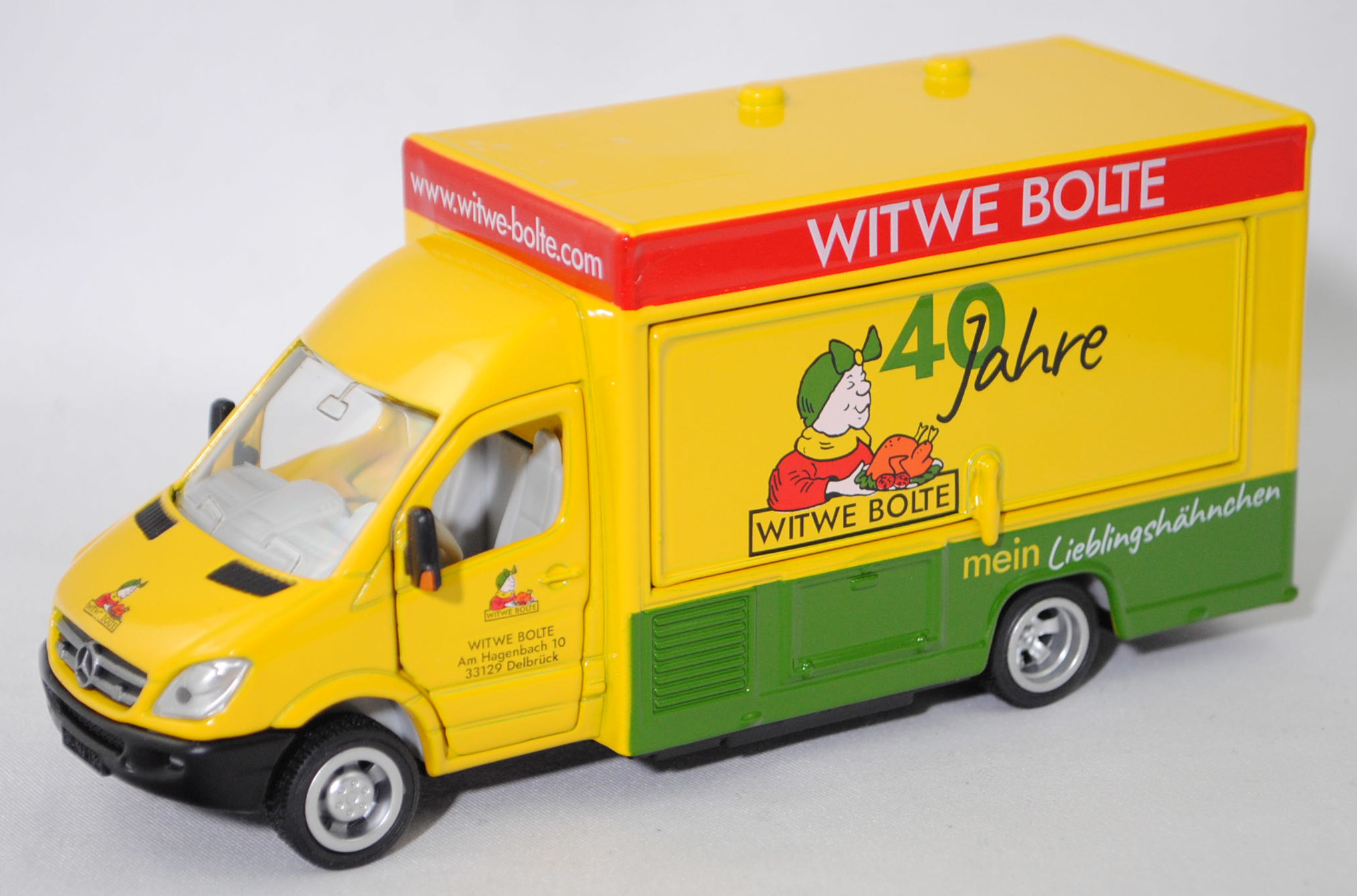 00403 Mercedes-Benz Sprinter II (2. Generation, W 906, Vor-MoPf, Modell 2006-2009) 515 CDI Verkaufswagen, verkehrsgelb, WITWE BOLTE / 40 Jahre, SIKU SUPER 1:50, Werbebox