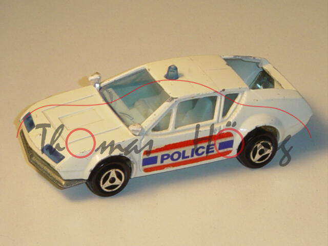 Renault Alpine A 310 Polizei, weiß, POLICE, Heckklappe weg, majorette, 1:55, mit Farbabplatzern