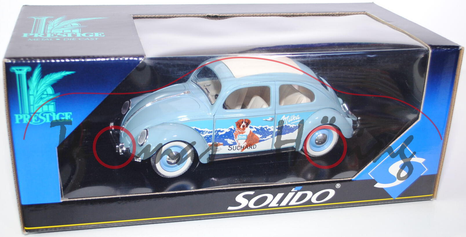VW Käfer Limousine (Typ 11) (Rechteckkäfer), Modell 1958, hellblau, Milka/ SUCHARD, mit geschlossene