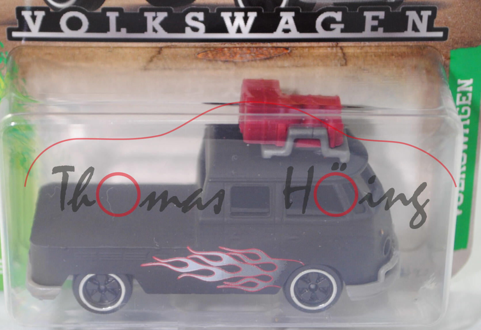 VW Transporter DoKa Pritschenwagen 1200 (Typ 2 T1, Modell 1960-1962) mit Dachgepäckträger und Ladegut, schwarz, majorette, 1:59, Blister (VOLKSWAGEN PREMIUM CARS)
