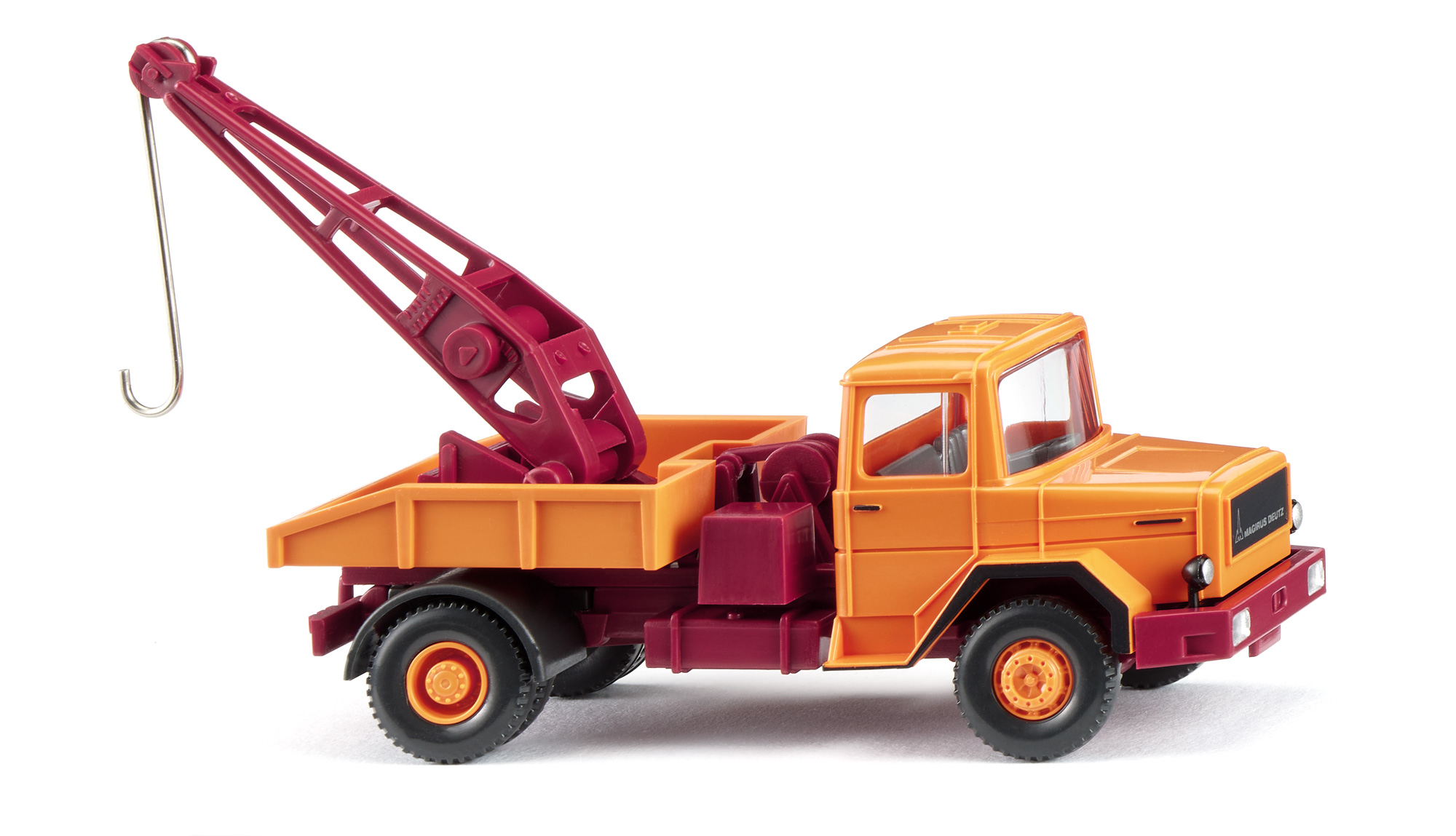 Magirus-Deutz 310 D 16 S 4x2 (3. Generation Eckhauber, Facelift 1973, Modell 1973-1975) Abschleppwagen, gelborange, Kran mit Ausleger braunrot, Wiking, 1:87, mb