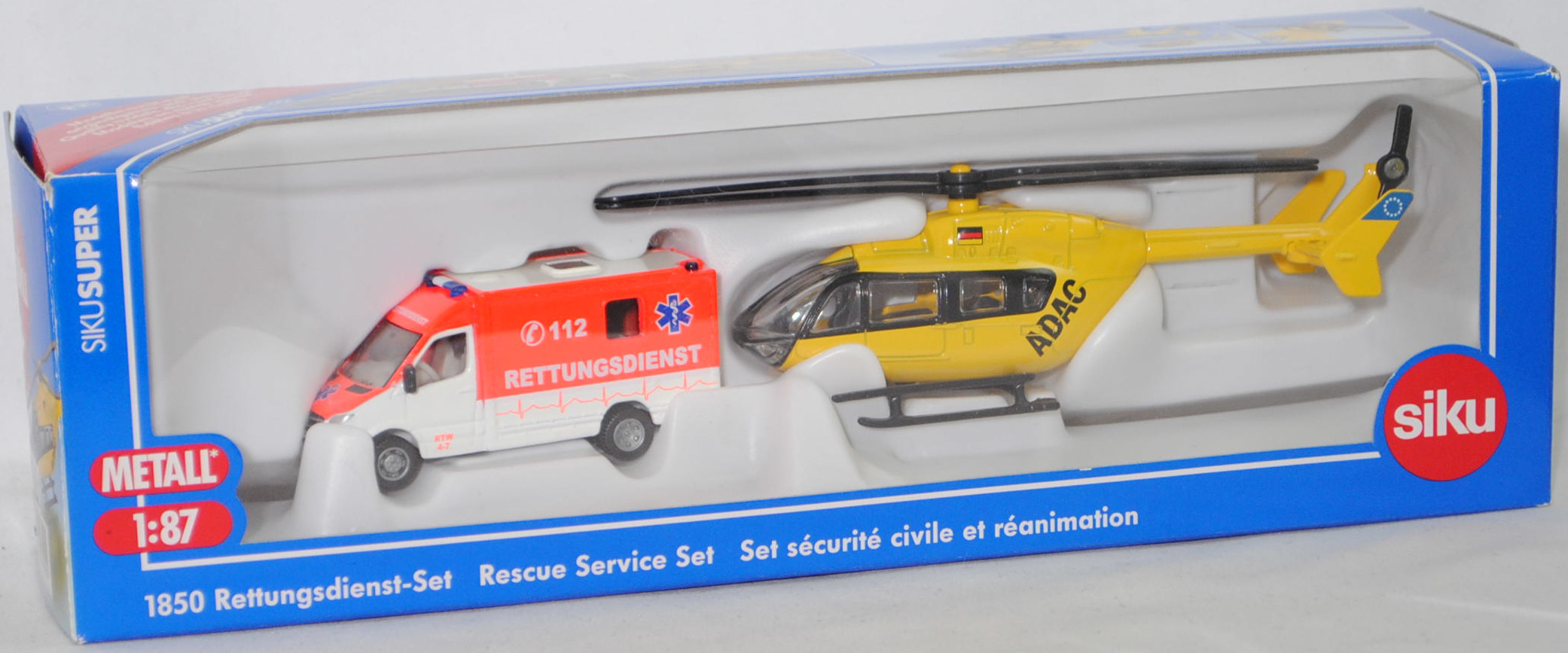00000 Rettungsdienst-Set: RTW Mercedes-Benz Sprinter II und Eurocopter EC 145 Hubschrauber, RTW: cremeweiß/leuchtrot; Hubschrauber: verkehrsgelb, ADAC, SIKU, 1:87, L17mK