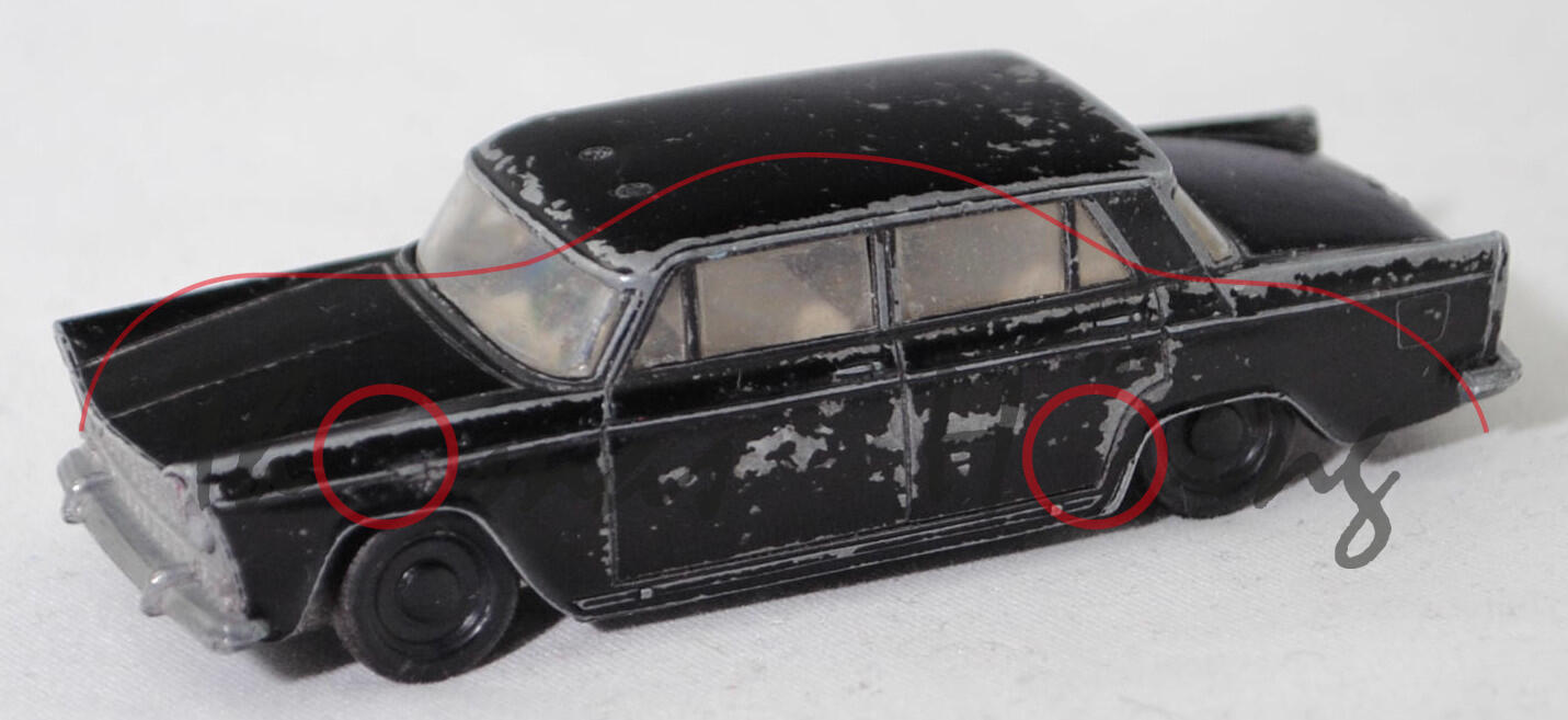 00000 Fiat 1800 B (2. Gen., Typ 112, Mod. 1961-1963) Taxi, schwarz, innen cremeweiß, Lenkrad schwarz, R1, SIKU, 1:59, sc (Taxischild + Fac + HL weg)