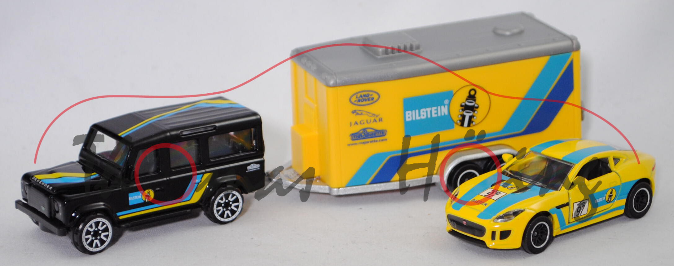 Land Rover Defender 110 + Autotransporter + Jaguar F-Type Coupé vom Team BILSTEIN, majorette, mb