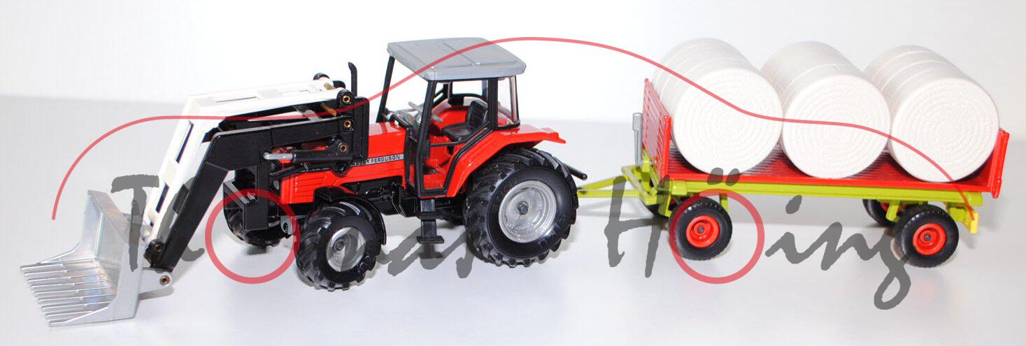 Massey Ferguson 4270 mit Frontlader und Rundballenanhänger, verkehrsrot/schwarz und verkehrsrot/hell