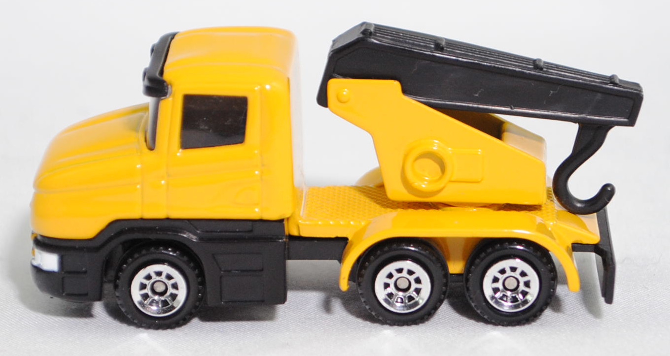 00003 Scania T114GB 6x4 NZ 340 (Serie 4, Fahrerhaustyp CT14, Modell 1995-1998) Abschleppwagen, gelb, Ausleger mit Abschlepphaken schwarz, C1 chrom, SIKU SUPER, 1:86, m