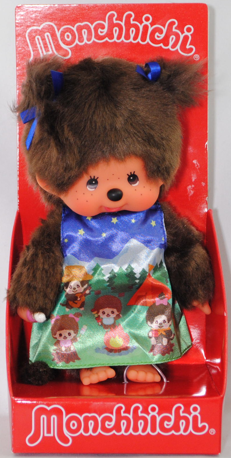 Monchhichi Camping Dress Girl (Monchhichi Mädchen im Campingkleid), 20 cm groß, Sekiguchi (Limited Edition) (EAN 4905610243082)