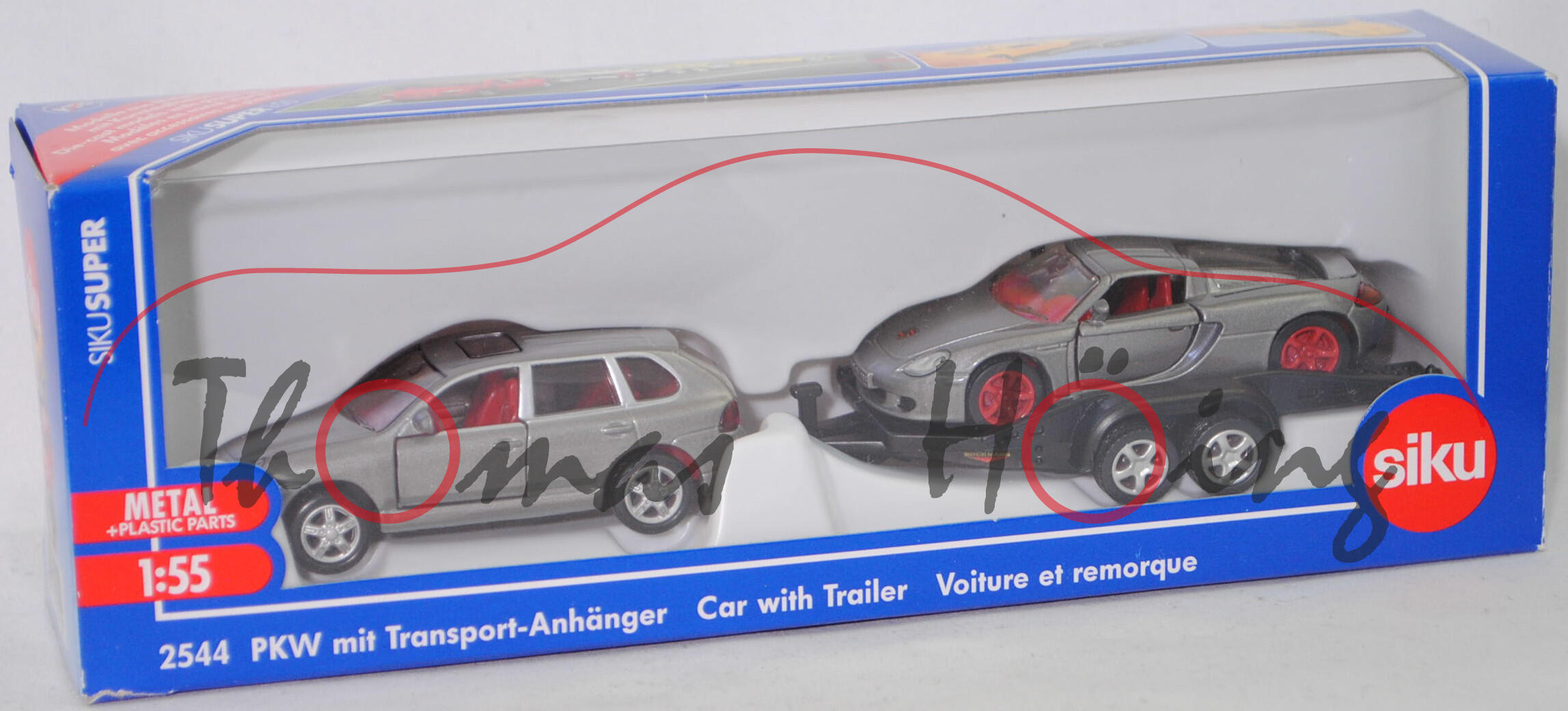 00005 Porsche Cayenne Turbo mit BÖCKMANN Autotransporter und Porsche Carrera GT, graualu, B19 silber + mattschwarz, B21 silber + graualu, B22a / B22b rot, SIKU, 1:55, L17mpK
