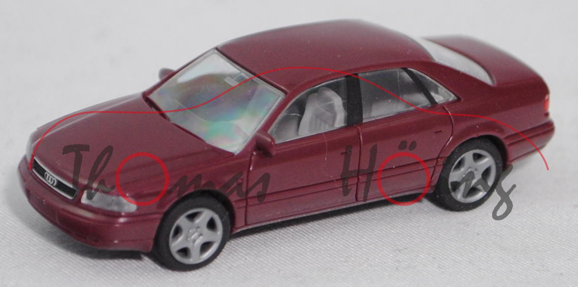 Audi A8 4.2 quattro (1. Gen., D2, Typ 4D, Modell 1994-1999), weinrot, Rietze, 1:87, Werbeschachtel