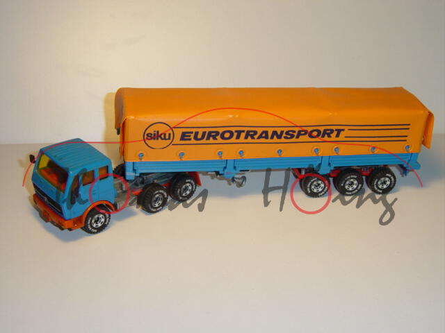 00003 Mercedes 2232 Sattelzug mit Plane, himmelblau/pastellorange, siku EUROTRANSPORT / Brummi wünsc