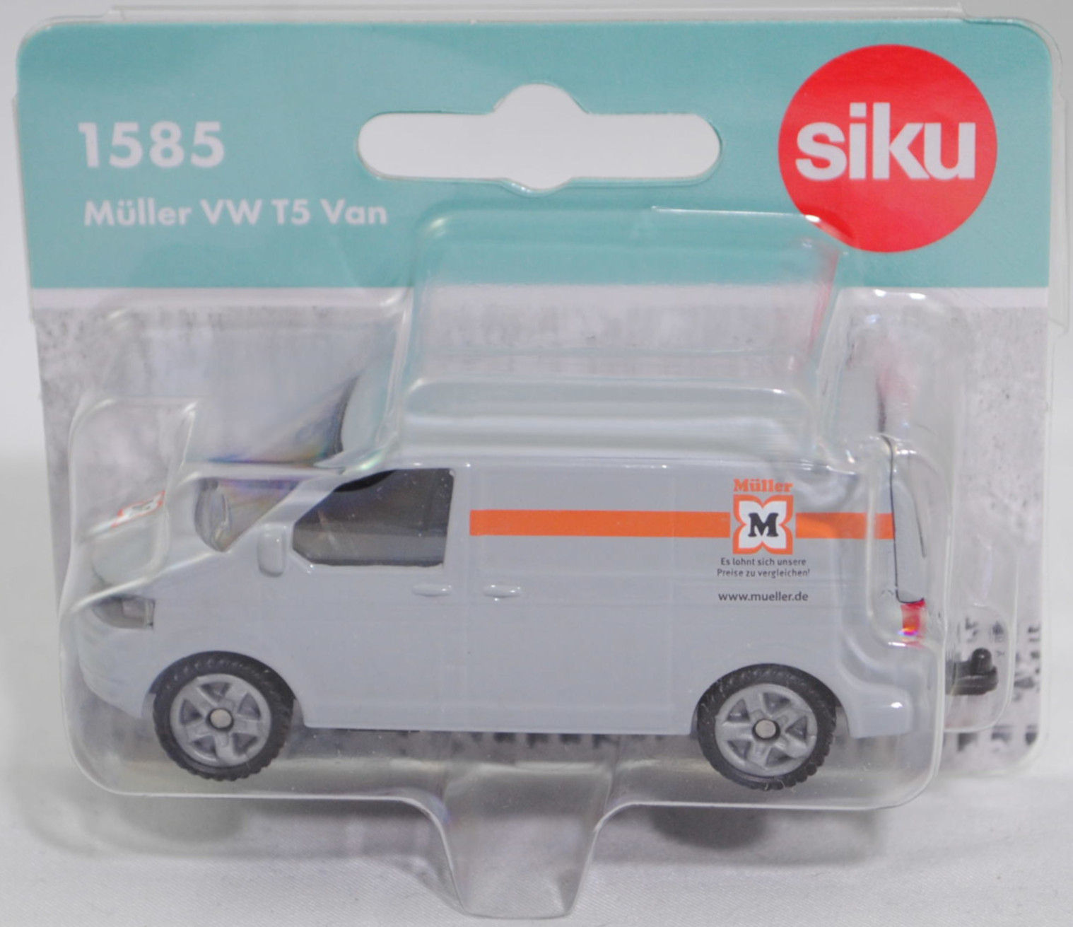 00400 VW T5 GP Transporter Kastenwagen 2.0 TDI (Typ 7E, GP 2009, Modell 2009-2015), silbergrau, Müller, SIKU SUPER, 1:61, P29f Werbeschachtel
