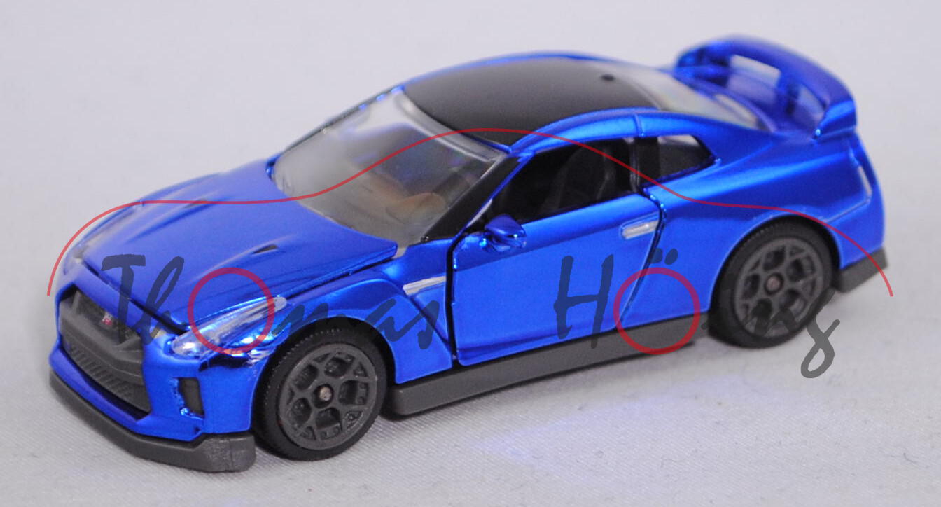 Nissan GT-R (Typ R35 NISMO MY17, Mod. 14-), schwarz/blaumetallic, majorette, ca. 1:61, Blister + Box