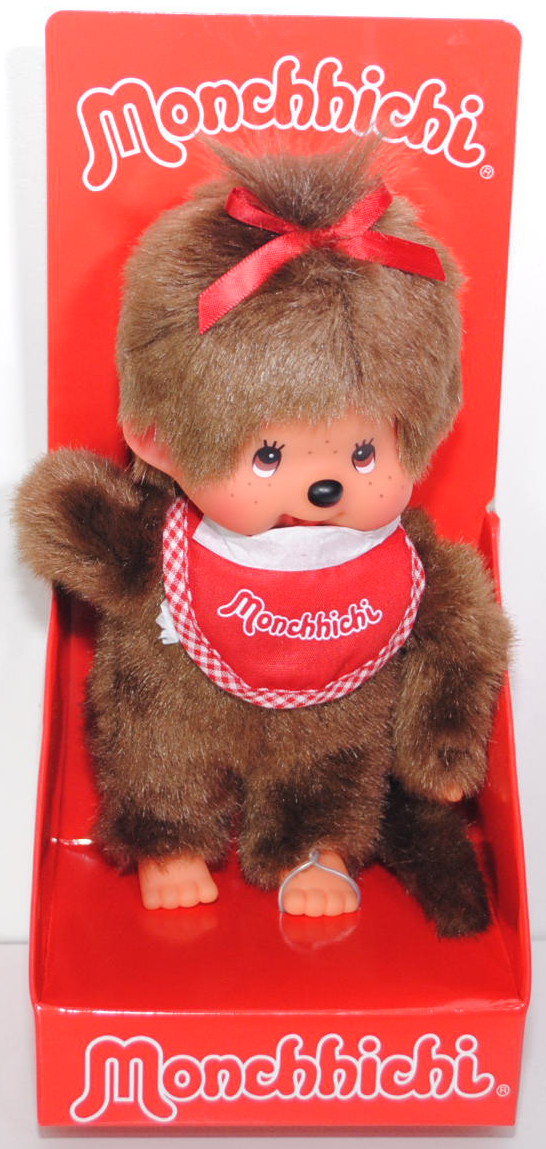 Monchhichi Classic Girl Red Bib Open Eyes (Mädchen mit rotem Latz), 20 cm groß, Sekiguchi