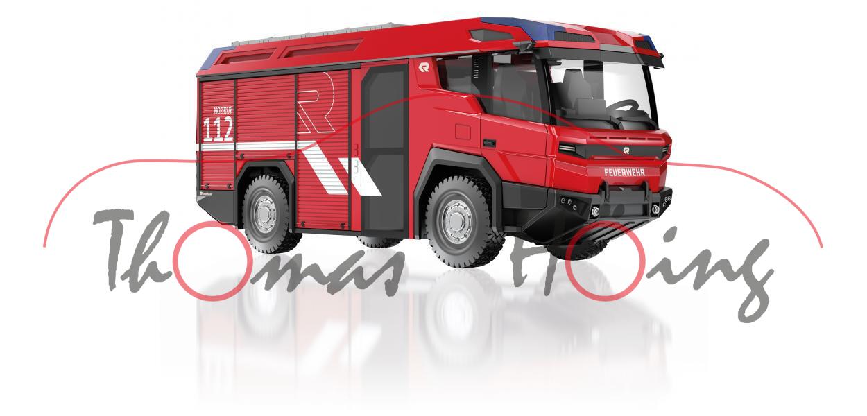 Feuerwehr - Rosenbauer RT (Modell 2020), feuerrot/schwarz, R / NOTRUF / 112, Wiking, 1:43, mb