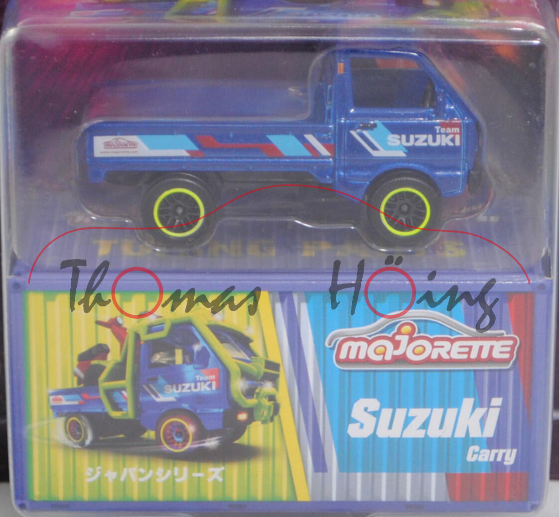 SUZUKI CARRY Pick-up (Typ ST41, Modell 1981-1982), blau, Beilage: Tuning-Teile, majorette, 1:51, mb