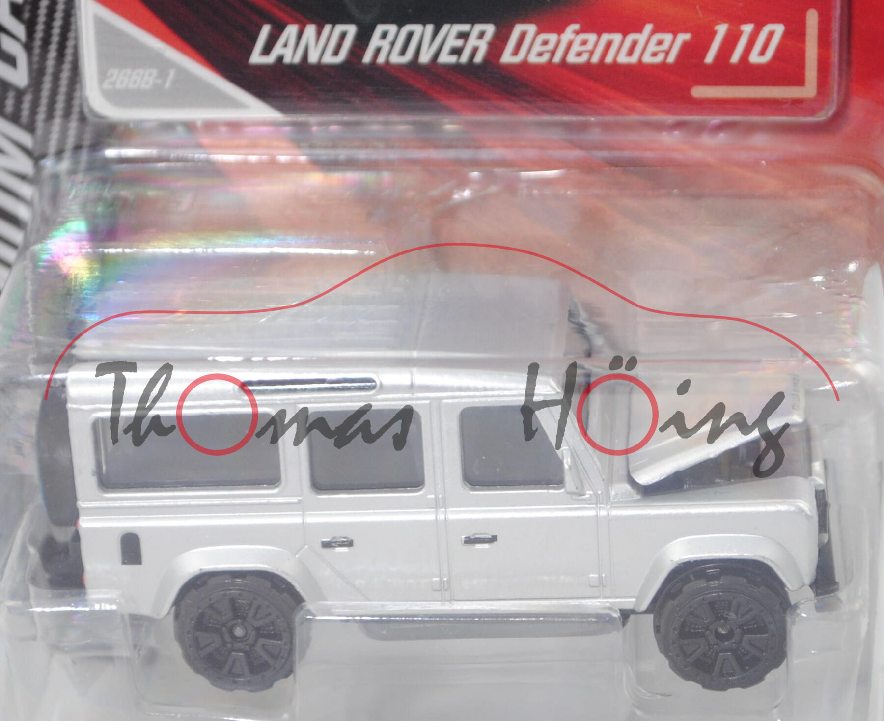 Land Rover Defender 110 County Station-Wagon (Mod. 1990-2016), weißalu, majorette, ca. 1:60, Blister