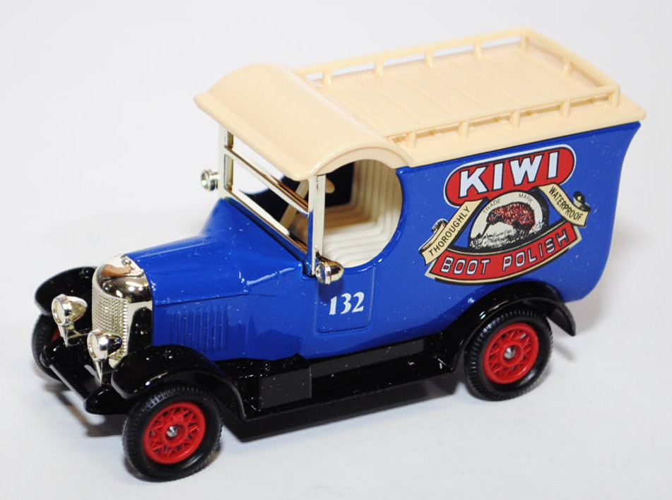 Bull-Nose Morris Van, Modell 1926, hell-ultramarinblau/schwarz, KIWI / BOOT POLISH / THOROUGHLY WATE