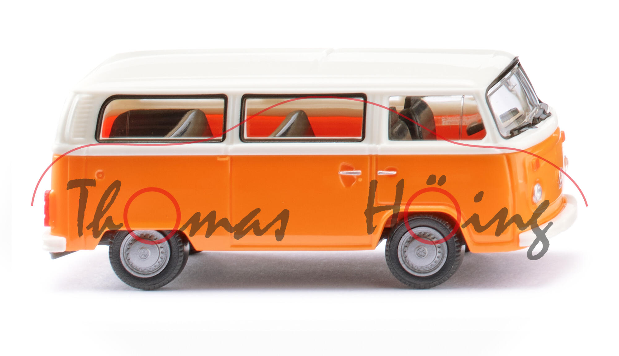 VW Transporter T2 Bus (Typ 2 Transporter 2 bzw. T2b, Modell 1973-1979), Karosserieoberteil weiß, Karosserieunterteil orange, Wiking, 1:87, mb