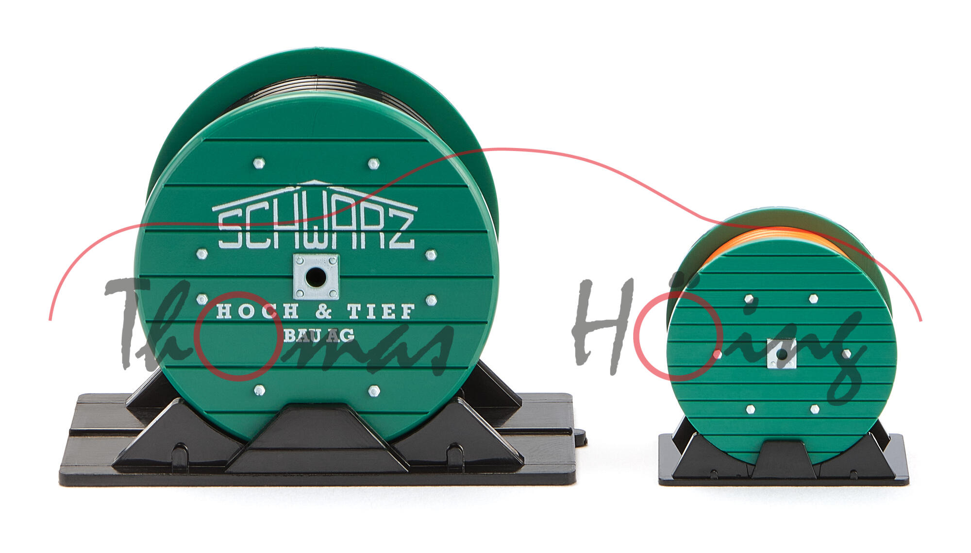 Zubehörpackung - Kabeltrommeln (Modell 1965-1997), Inhalt: 2 Stück Kabeltrommel groß und klein, SCHWARZ / HOCH & TIEF / BAU AG, Wiking, 1:87, mb