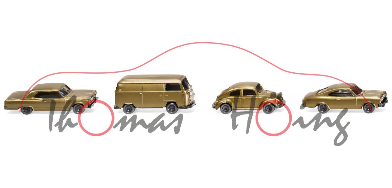 3 PKW + 1 Kleinbus: Chevrolet Malibu+ VW T2a Kasten+VW Käfer+Opel Rekord C Coupé, gold, 1:160, mb