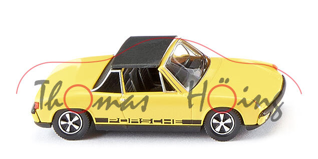 VW-Porsche 914 (Modell 1969-1976, Baujahr 1969), gelb, Chassis schwarzgrau, Wiking, 1:87, mb