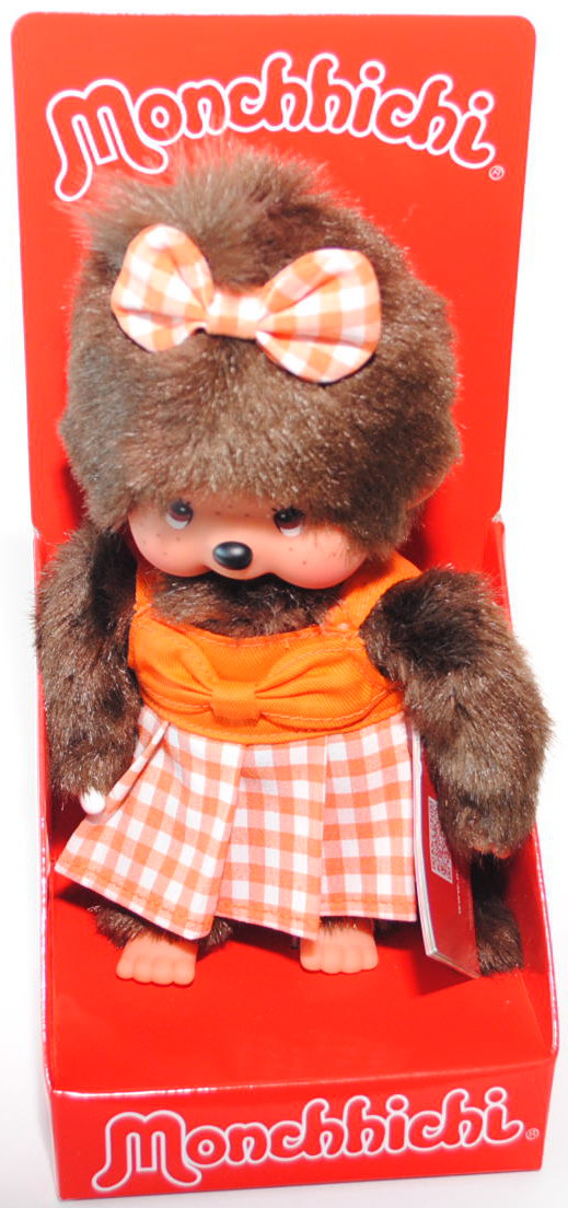 Monchhichi Orange Checker Sundress Girl (Mädchen mit orangem Sommerkleid), 20 cm groß, Sekiguchi